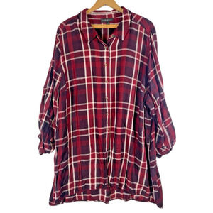 Lane Bryant Size 26/28 4X Tunic Top Button Up Red Black Plaid Country Western